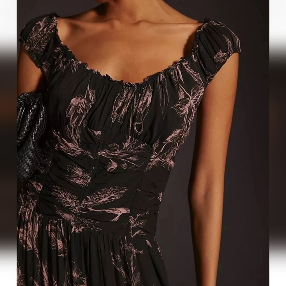 Anthropologie Black Floral Ruched Viscose, Modal Dress Long Midi Medium - Picture 10 of 14